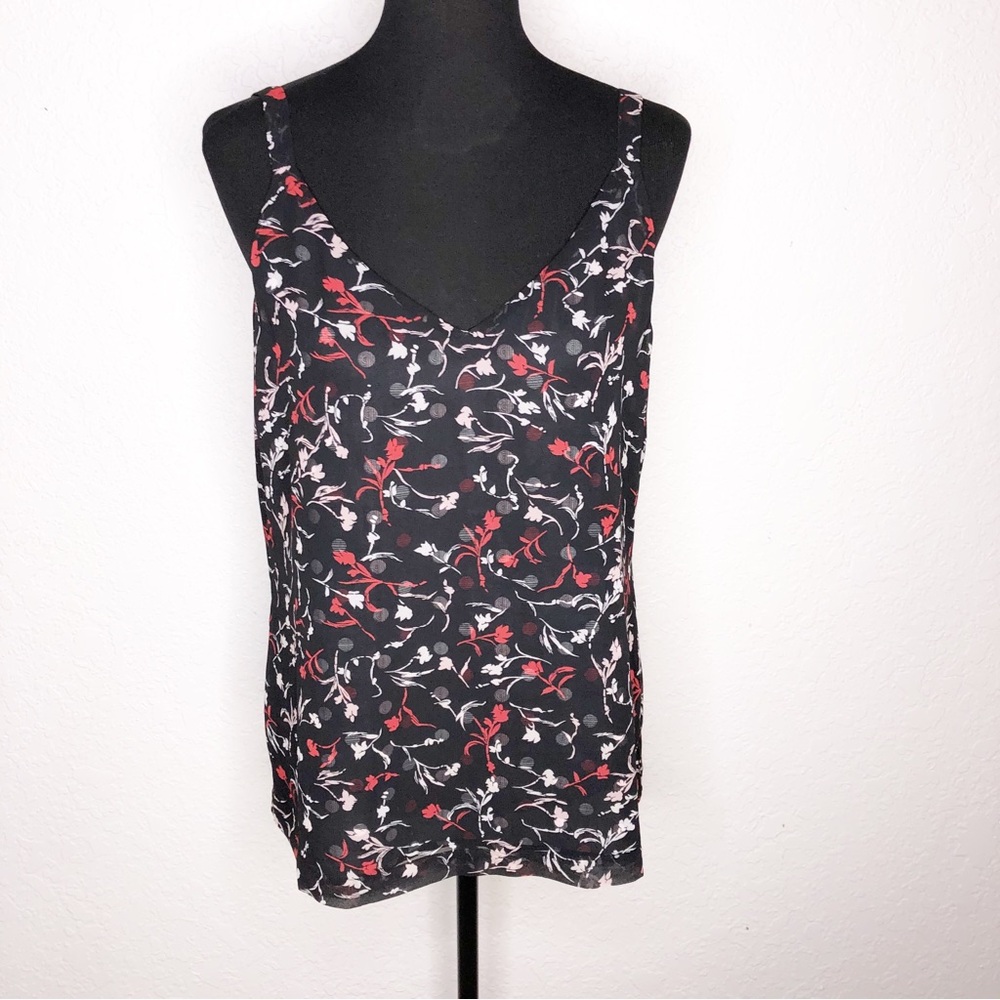 WHBM black red floral polka dot sheer reversible cami sleeveless top size Medium